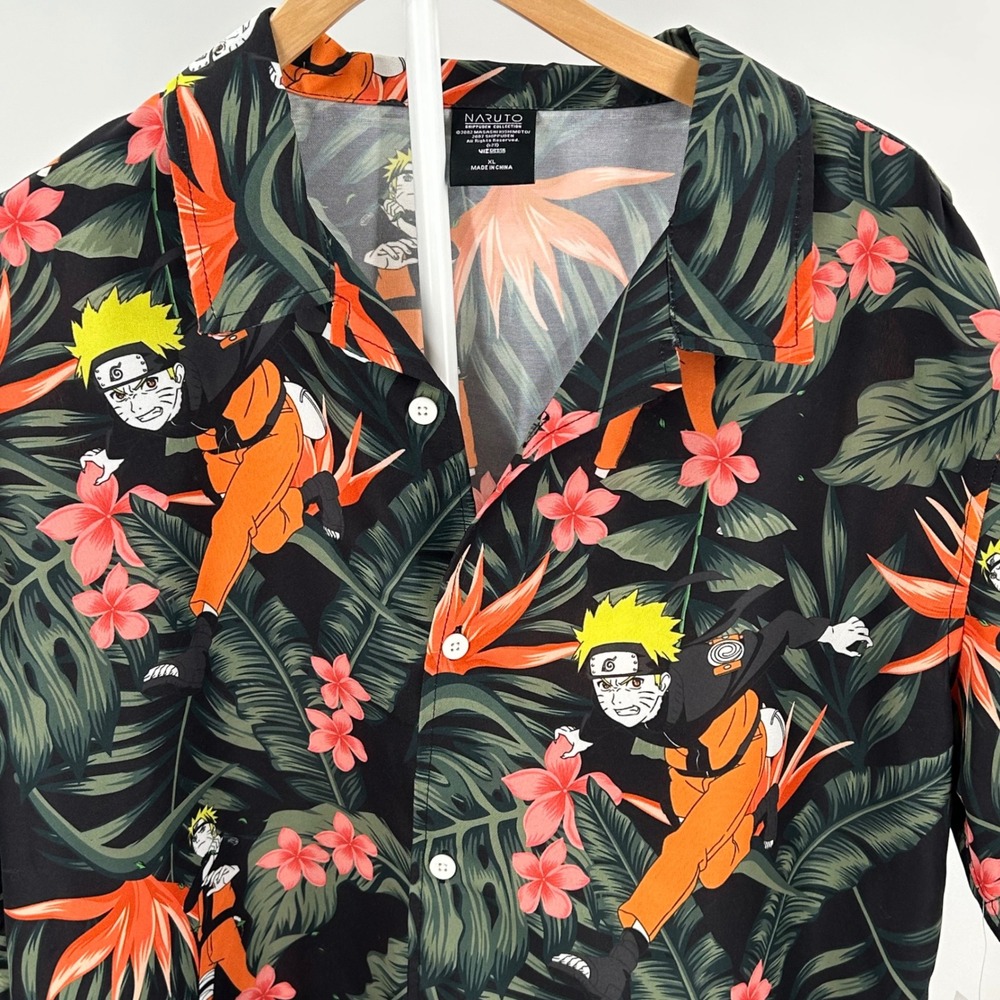 Naruto Shippuden Tropical Floral Button Down Shirt XL Black Anime Resort NWT